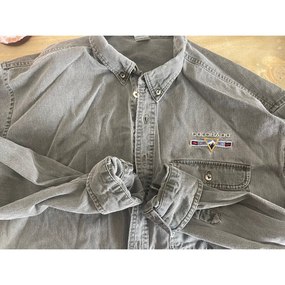 VTG Oversized Embroidered Green Corduroy Colorado Button Up Mens XL